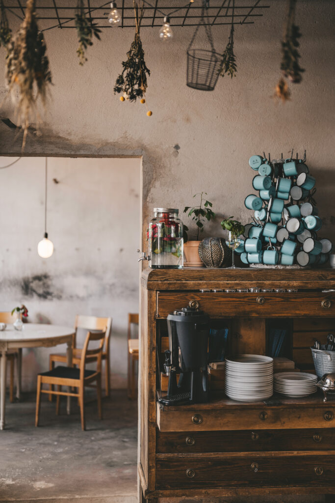 Coffee cups and doorframe at Garage. 